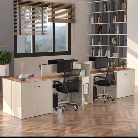 Estação de Trabalho 4 Lugares Office Smart 4 Mesas 2 Armários 4 Aparador - Off White e Cedro