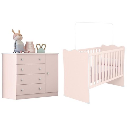 Jogo de Quarto Doce Sonho Berço e Cômoda Sapateira Rosa - Qmovi