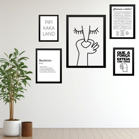 Kit 5 Quadros para Banheiro Frases Divertidas:madeira Preta