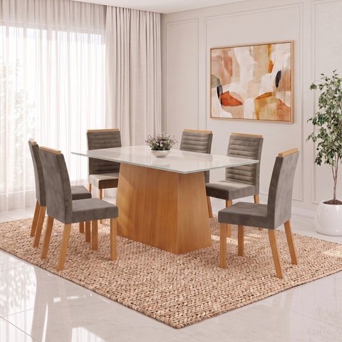 Conjunto Sala de Jantar Mesa Dora 160cm Tampo MDF e Vidro Canto Reto 6 Cadeiras Tainá