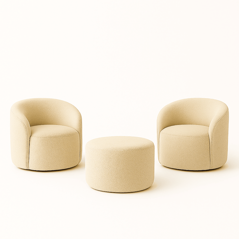 Kit 02 Poltronas Gaia + Puff Living Decorativo Curvo Orgânico Boucle Bege - Montanaris Decor