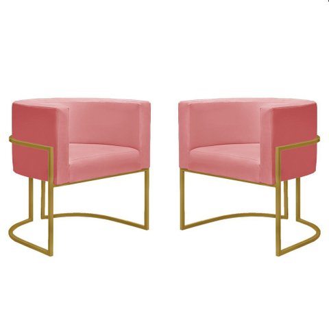 Kit 2 Poltronas Reforçada Decorativa Sala Nayara Base Ferro Dourado Suede Rose