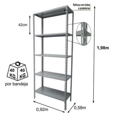 Estante de Aço com 05 Bandejas 58 cm (22/18) – 1,98×0,92×0,58m – AMAPA – 11107