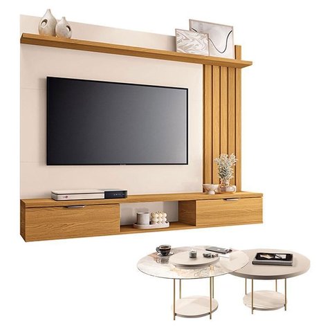 Painel Suspenso Lets Cinamomo Off White com Kit Mesa de Centro Sky Off White - Hb Móveis