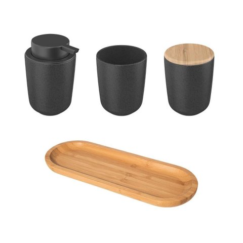 Kit para Banheiro em Cerâmica e Bambu ou 4 Peças Osaka - Preto Marmorizado