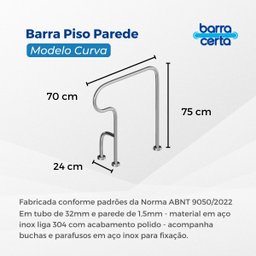 Barra de apoio Fixa no piso com curva para vaso sanitário Lado Direito em aço inox - Barracerta - 4