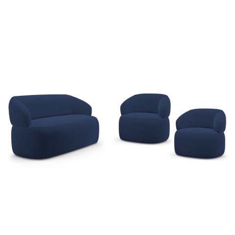 Kit 02 Poltronas Giratória e 01 Sofá Orgânico Glee 03 Lugares 170cm Veludo Azul Marinho - Desk Desig