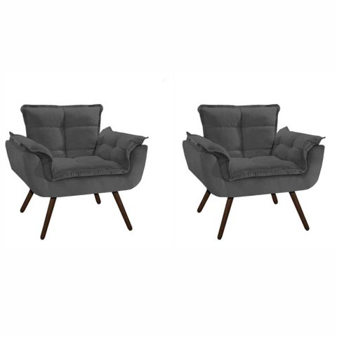 Conjunto 2 Poltronas Para Sala Opala Pés Palito Suede Ulisses Decor:Cinza