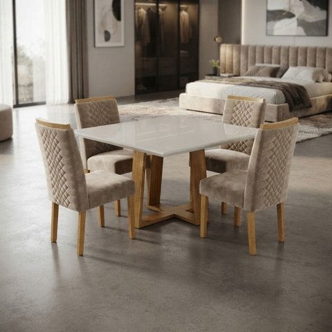 Conjunto Mesa de Jantar Pedro Art Assento 0,90x0,90m - Bege Claro