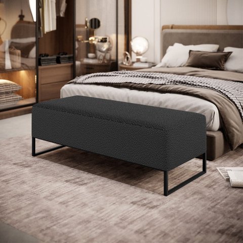 Kit 02 Puffs Decorativo Sala De Estar Cléo 90cm W01 Base Ferro Preto Bouclê Preto - Lyam Decor