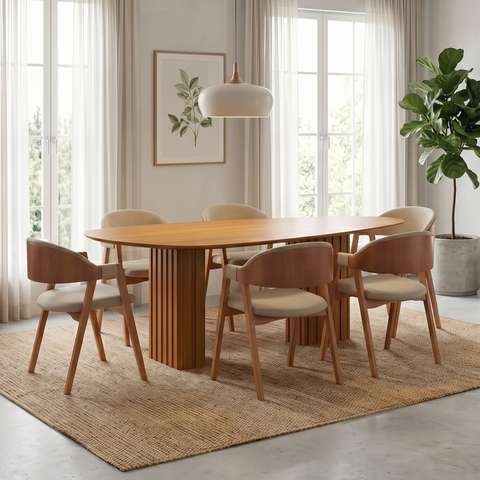 Conjunto Mesa de Jantar Orgânica 6 Cadeiras Estofadas 200cm MDF Isis Gaia Bege/Freijó Yescasa