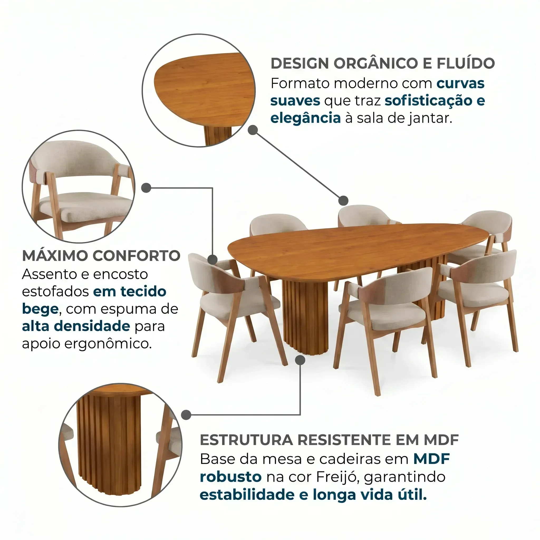 Ver imagem 5 de Conjunto Mesa de Jantar Orgânica 200cm com 6 Cadeiras Estofadas Gaia Yescasa Bege/Freijó