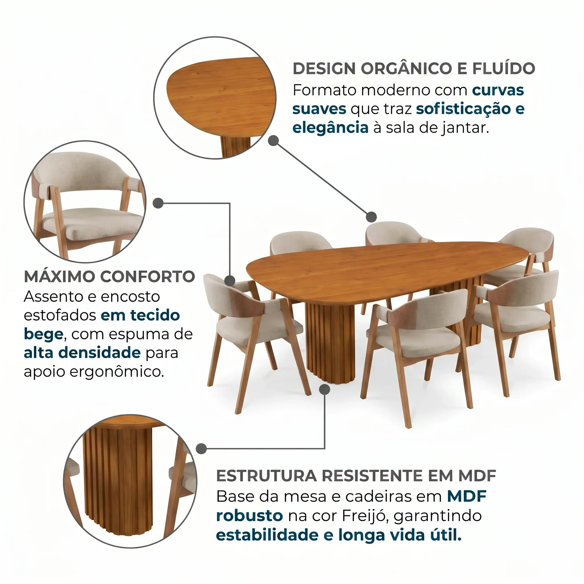 Ver imagem 5 de Conjunto Mesa de Jantar Orgânica 200cm com 6 Cadeiras Estofadas Gaia Yescasa