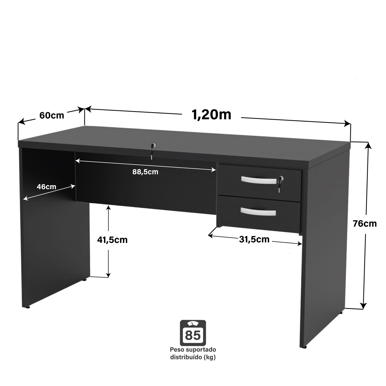 Mesa de Escritório 1.20x60 com Gaveteiro Tampo 30mm Netmobil - Preto - 4