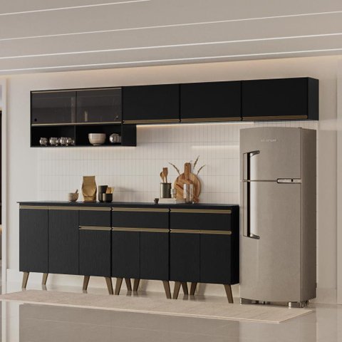 Armário de Cozinha Completa Atlanta Metro com Vidro Carraro Preto Touch