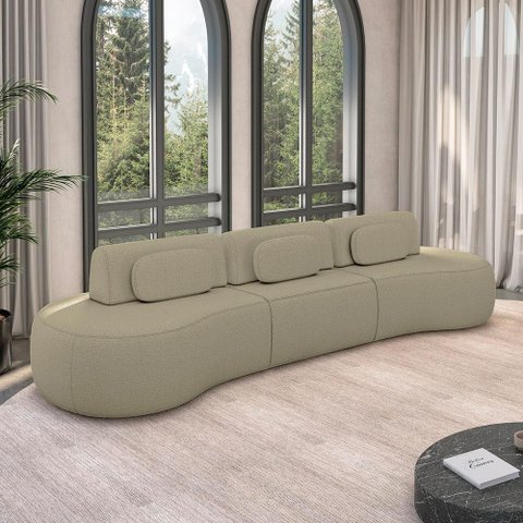 Sofá Sala de Estar Modulado França 326cm Encosto Articulável com Almofadas Bouclê Bege G45 - Gran Be