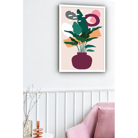 Quadro Decorativo Abstrato Vaso Plantas - 70x50cm:moldura Branca