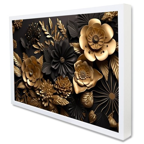 Quadro Decorativo Floral Luxo Flores Preto e Dourado em Moldura Caixa Tacolado Moldura Caixa Alta 4,