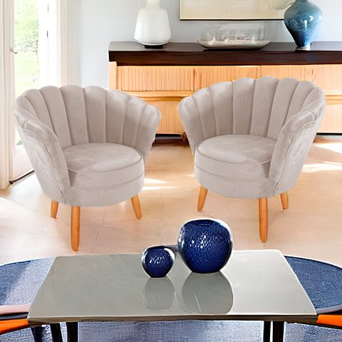 kit 02 Poltronas Pétala Decorativa para Sala e Quarto Pés Palito Veludo - W&D - Bege