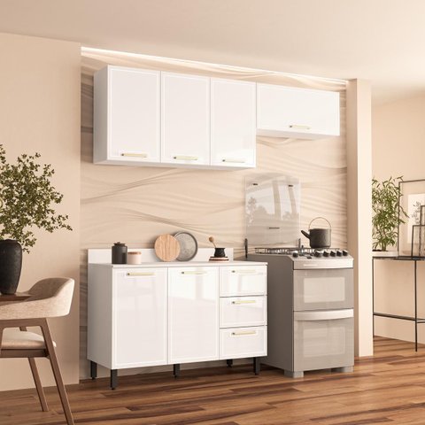 Cozinha Amara 3 Peças 200x224,5cm Armários Aéreos Balcão 2 Portas com Tampo Branco 250087