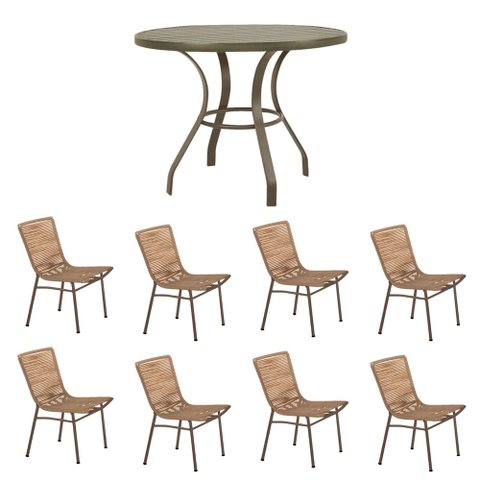 Conjunto Mesa Prime em Alumínio Ripado 1,00m com 8 Cadeiras Corda Náutica Bege