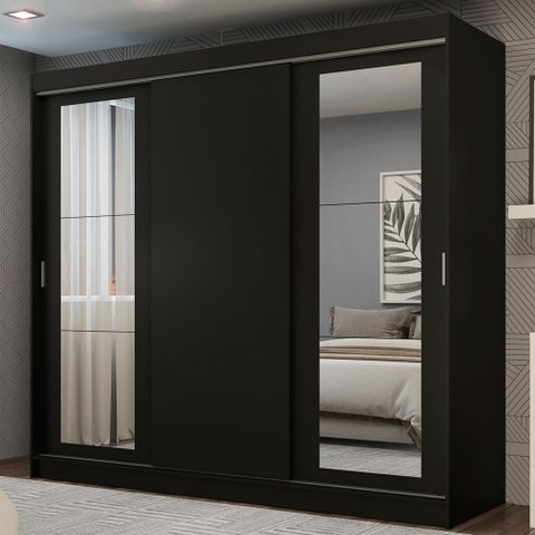 Guarda-Roupa Casal Madesa Kansas 3 Portas de Correr com Espelhos 3 Gavetas Preto Cor:Preto