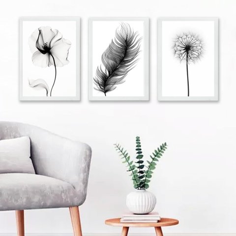 Kit 3 Quadros Minimalistas Flores e penas 24x18cm - com Vidro:madeira Branca