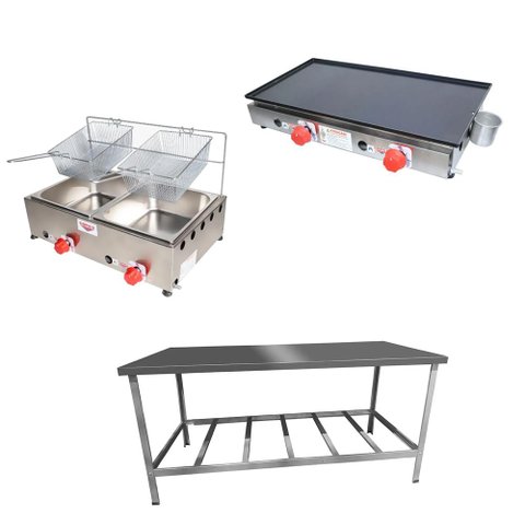 Kit Lanchonete Mesa de Manipulação 190x70cm + Fritadeira a Gás 2 Cuba + Chapa a Gás 60cm