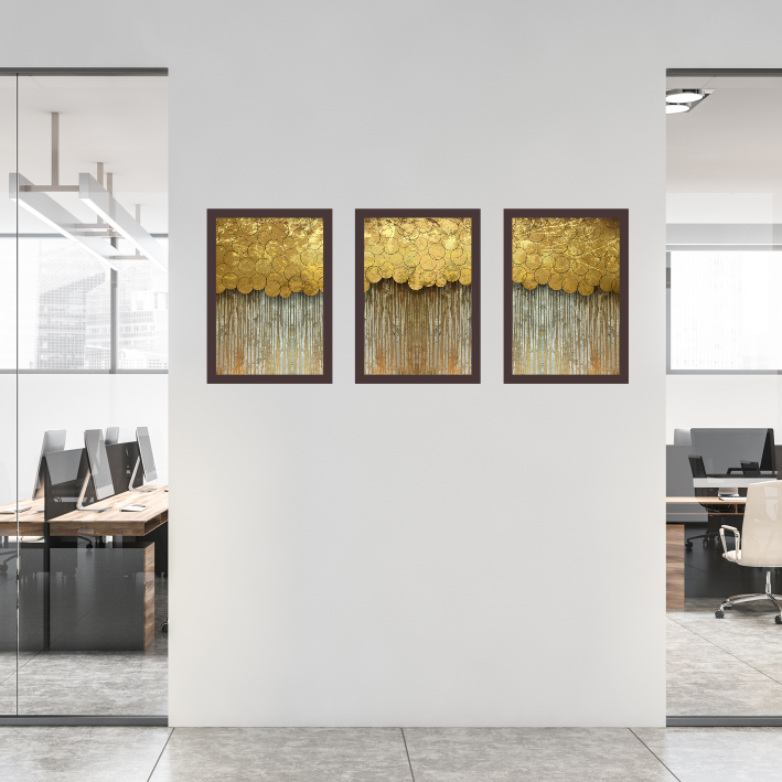 Tríptico - Quadros Decorativos Abstratos Dourado Grande:Madeira - 3