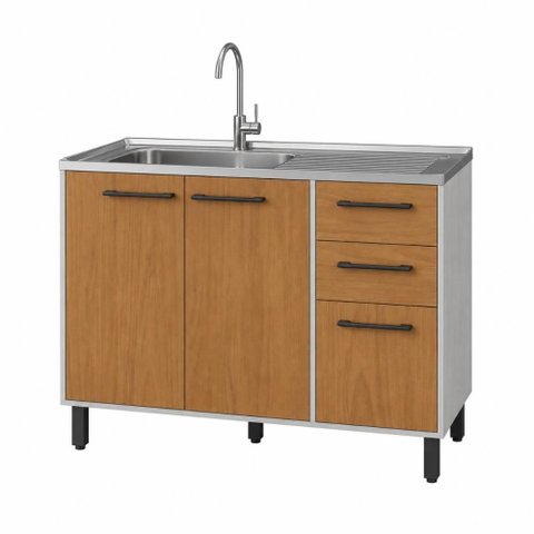 Balcão Gabinete para Pia 120 cm 3 Portas 2 Gavetas Granada Cor Snow/Nature Casamia