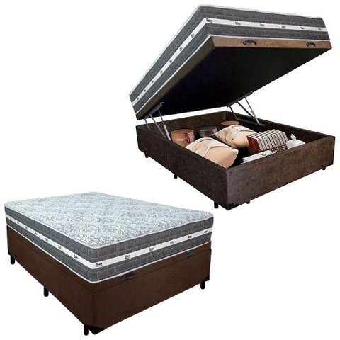 Cama Box Baú Casal Suede + Colchão Anjos Black Graphite Molas Ensacadas 138cm Suporta até 120 Kg
