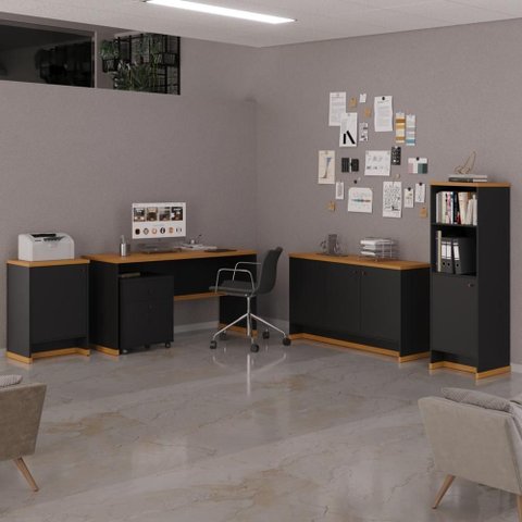 Conjunto Escritório Office Escrivaninha Balcões Gaveteiro Zeus - Via Nossa - Preto/naturale