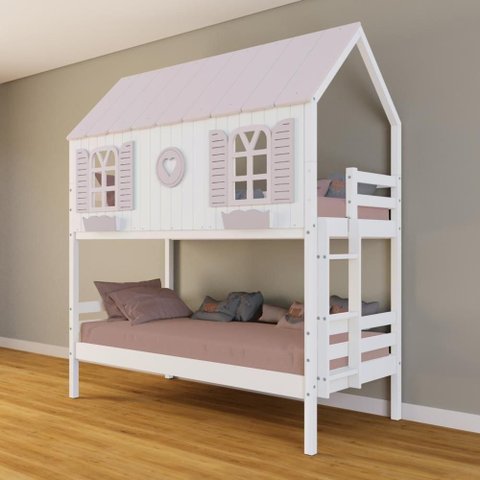 Beliche Casinha Bela com Coração - Madeira Maciça Branco/rosa | Housin