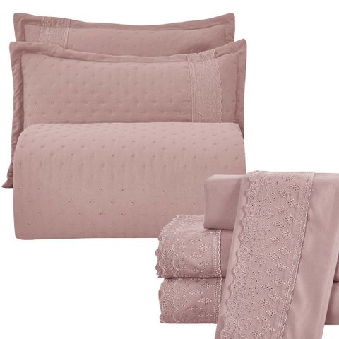 Kit Coordenado Grécia Cobre Leito + Jogo de Cama Queen Bordado Inglês 300 Fios - 7 Peças - Roxo Malv