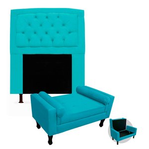 Kit Cabeceira Geovana + Calçadeira Baú Felix Solteiro 90cm Suede:azul Turquesa