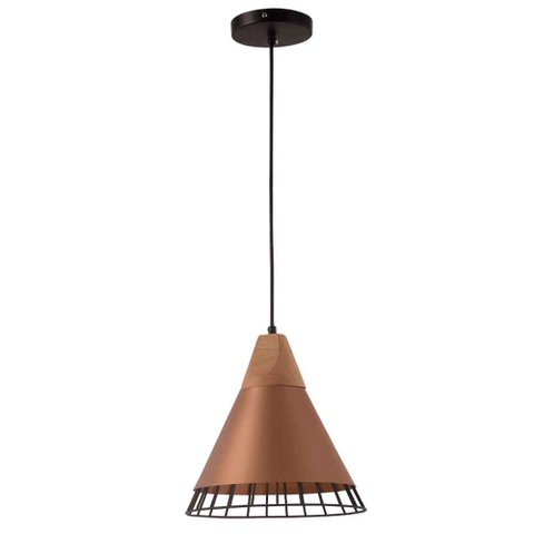 Pendente Aramado Wood Cobre c/ Detalhe em Madeira Design Estilo Industrial Startec