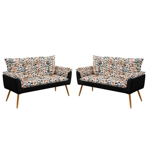 Kit 2 Poltronas Namoradeira Opala Suede Estampado Laranja com Preto Aradecor