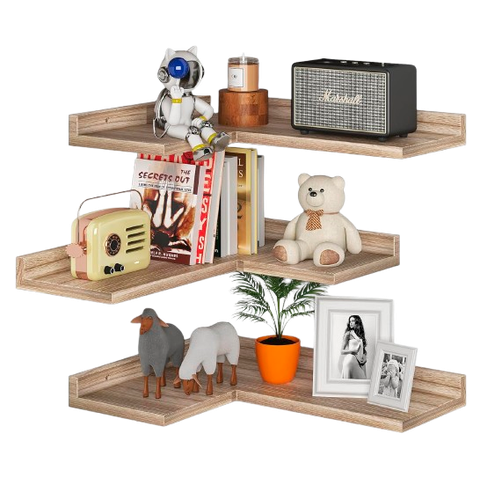 Conjunto de 3 Prateleiras de Canto Flutuantes Rústicas em Madeira em Formato de L, para Quarto