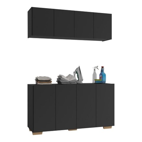 Conjunto Lavanderia Multiuso Armário Aéreo e Balcão Mp5054 Preto Natural