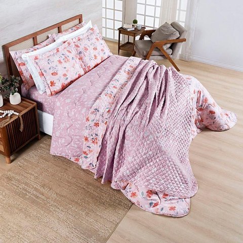 Coordenado Edredom e Cobre Leito Elyte Queen 4 Peças Micropercal 400 Fios Dupla Face Floral Casa