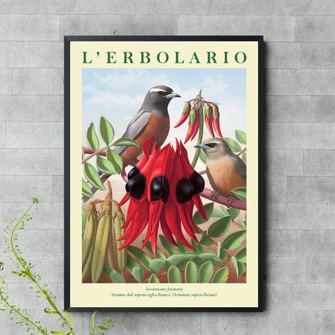 Quadro Flor Vermelha com Passarinho 33x24cm - com Vidro:moldura Preta