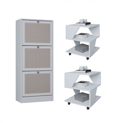 Kit Sapateira Spin Tropical 3 Portas e 2 Mesas de Cabeceira/centro Poquema