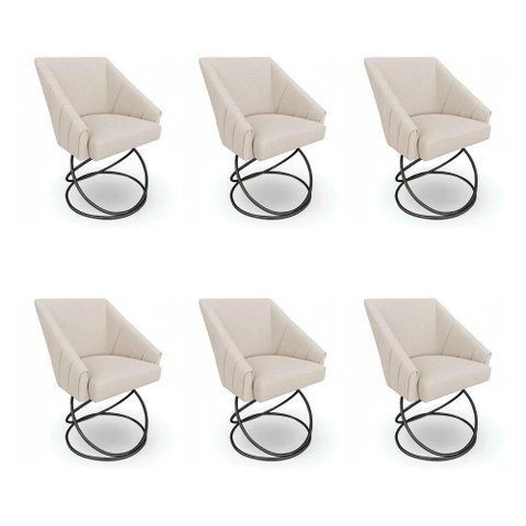 Kit 6 Poltronas Luxo Alana Linho Bege Base Luxo Preto - Pallazio