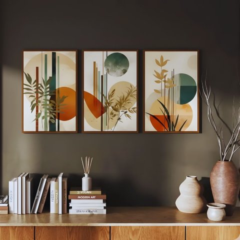 Kit 3 Quadros Boho Abstrato Folhagem Nude com Moldura:tabaco