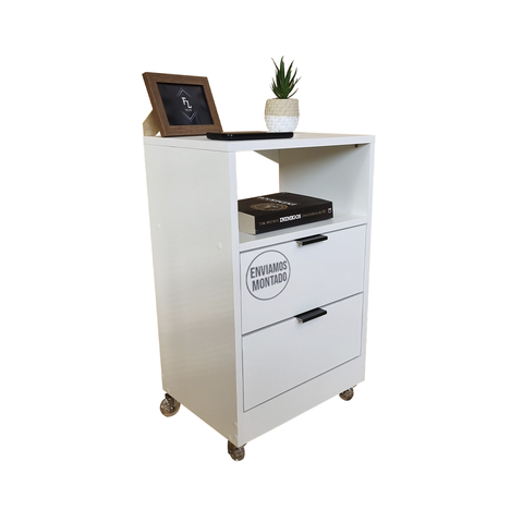 Mesa de Cabeceira 40cm Branco 2 Gavetas 1 Nicho com Rodinhas Quarto Cama (montada) (puxador Preto)