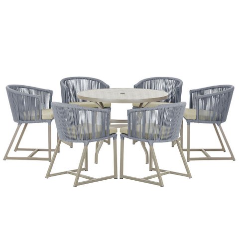 Mesa com 6 Cadeiras de Jantar Roma 120cm e Noronha em Alumínio Fendi Corda Náutica Estofado 7 Trama