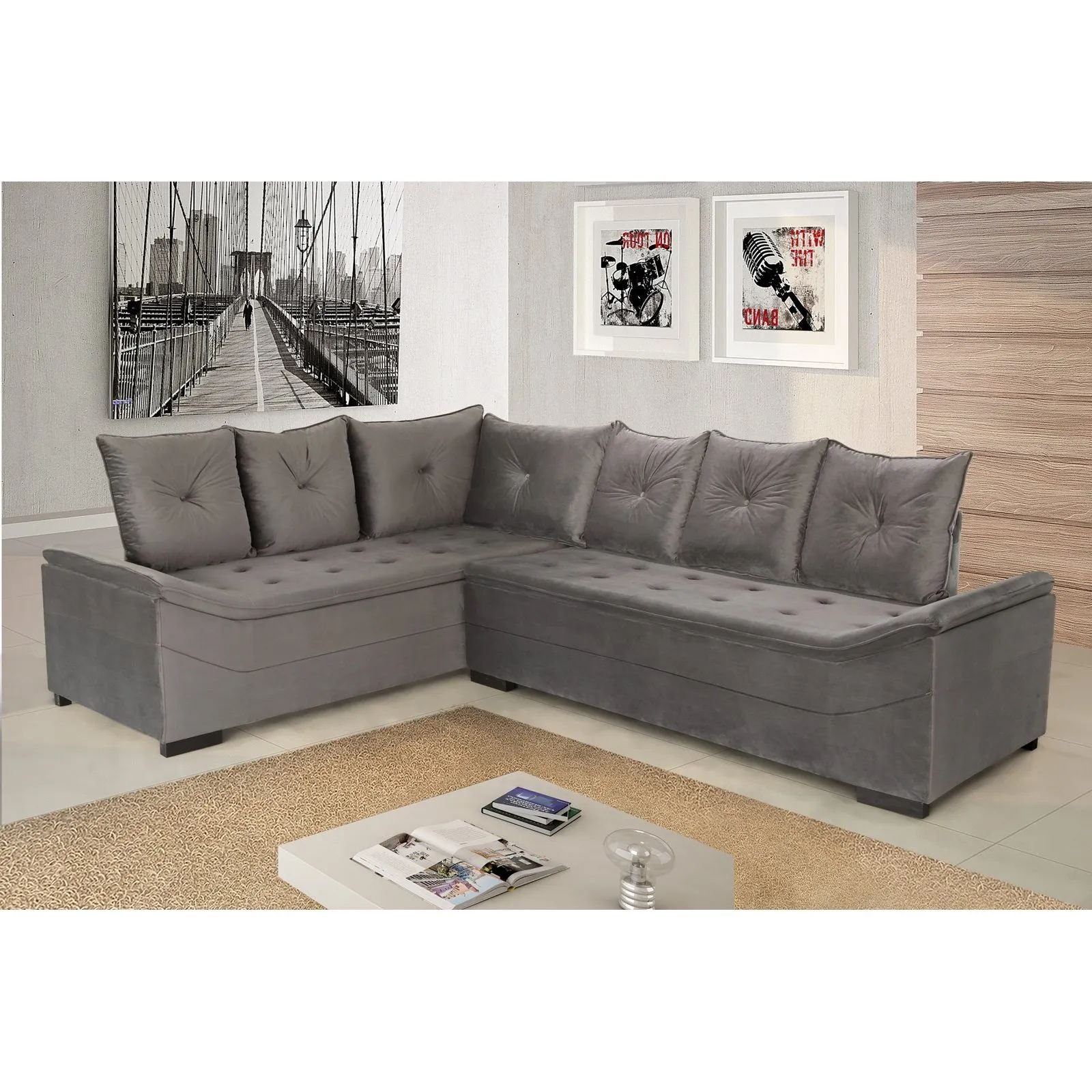 Sofá de Canto 3x2 Lugares Arezo Estofados MobyCasa Moveis Cinza