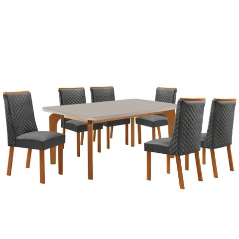Mesa de Jantar Liz 180cm Tampo MDF Vidro Canto Copo com 6 Cadeiras Yasmin