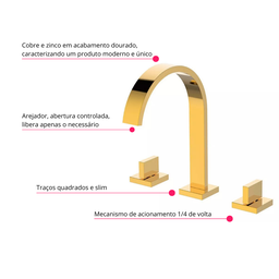 Torneira Misturador Duplo Comando Quadrada Dourado Gold Luxo para Banheiro Lavabo Inovartte In31 - 6