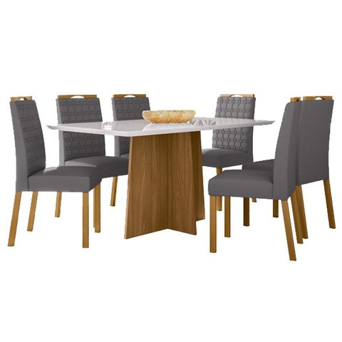 Mesa de Jantar Anitta 160x90 cm com Vidro Ype Off White e 6 Cadeiras Mariana Ype Veludo Cinza – New 